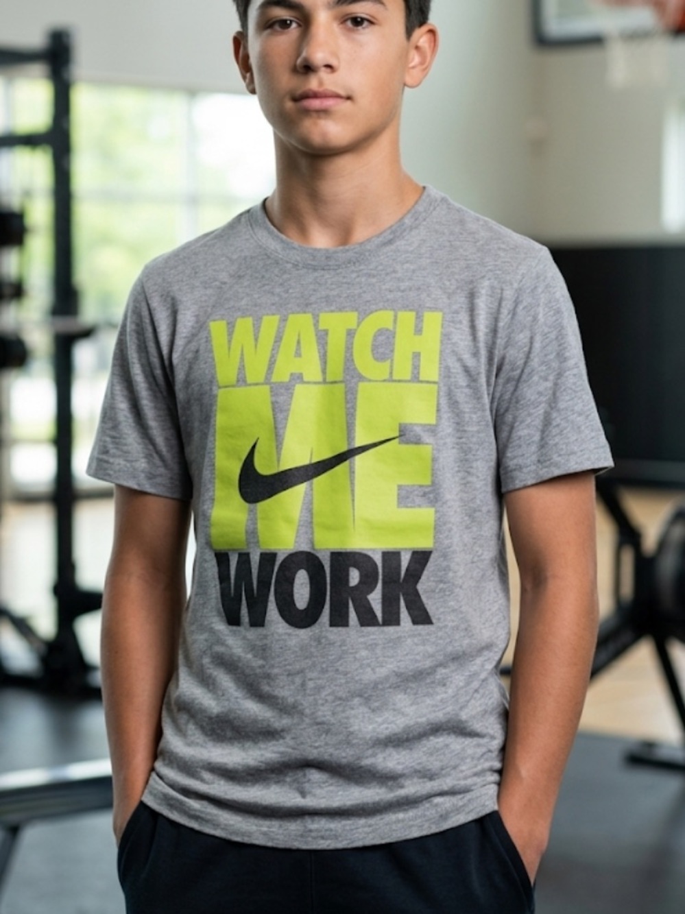 Nike Boys Youth T-Shirt Size M Heather Grey WATCH ME WORK Neon Green Graphic Tee